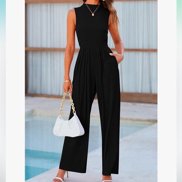 Pretty Garden Womens Summer One Piece Sleeveless Mock Neck Wide Leg Romper - Picture 2 of 9